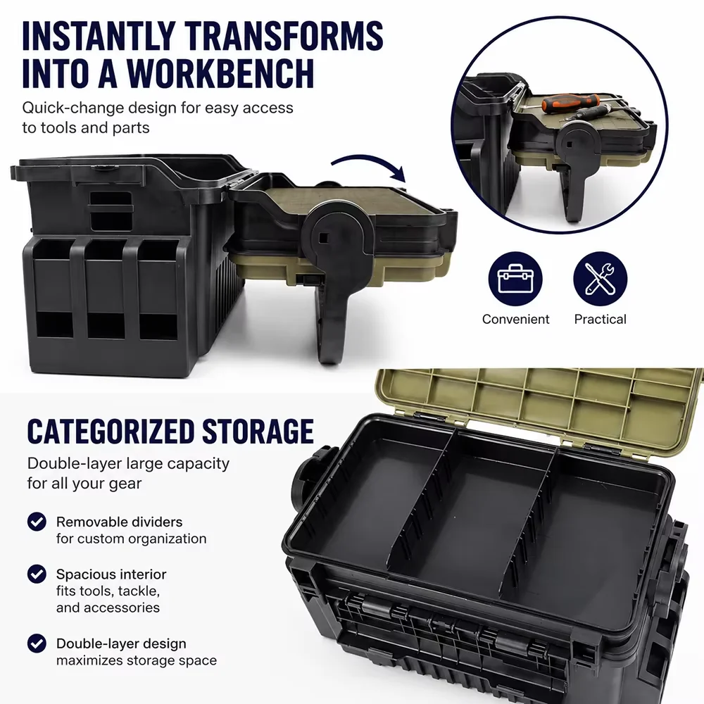 Caja de aparejos de pesca opcional de 2 tamaños y 4 colores, caja de almacenamiento de plástico duro resistente al agua y a los golpes con asa de agarre cómoda