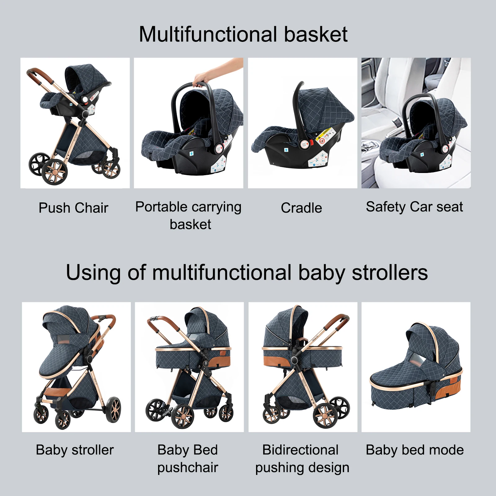Cochecito Ligero de Cuatro Ruedas, Accesorios para Bebés, Cochecito Ligero 3 en 1, Portabebés para Recién Nacidos