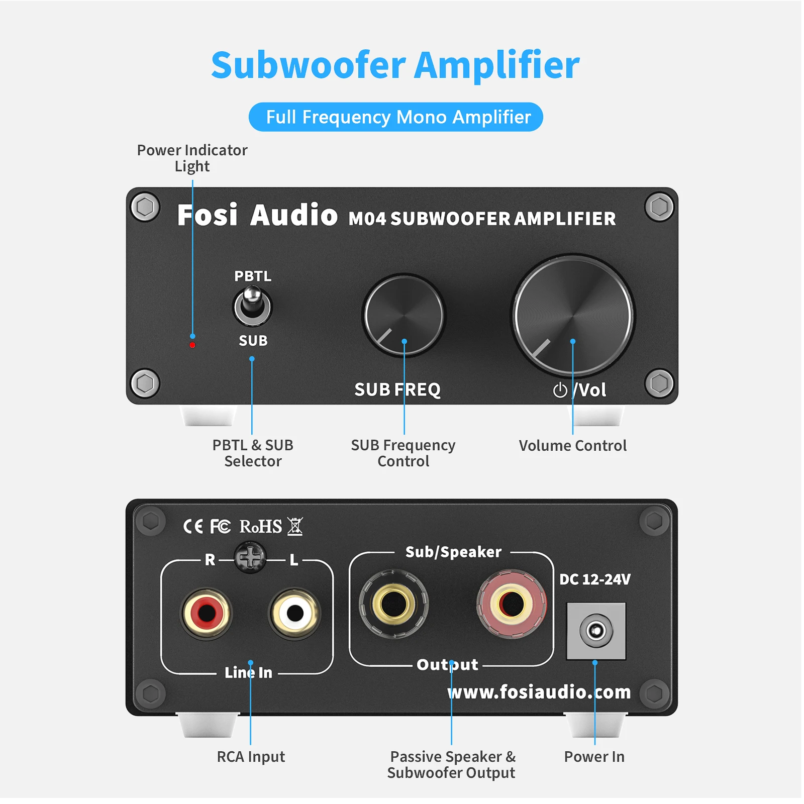 Fosi Audio Mono amplificador Subwoofer Amp 100W con amplificador de potencia de graves para altavoz pasivo doméstico M04