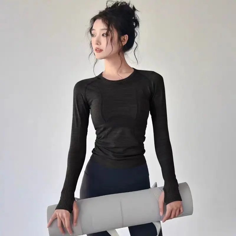 Ropa de yoga para mujer, tops deportivos, cuello redondo, sin costuras, ajustados, camiseta para correr, fitness, entrenamiento, manga larga, camiseta de gimnasio, invierno
