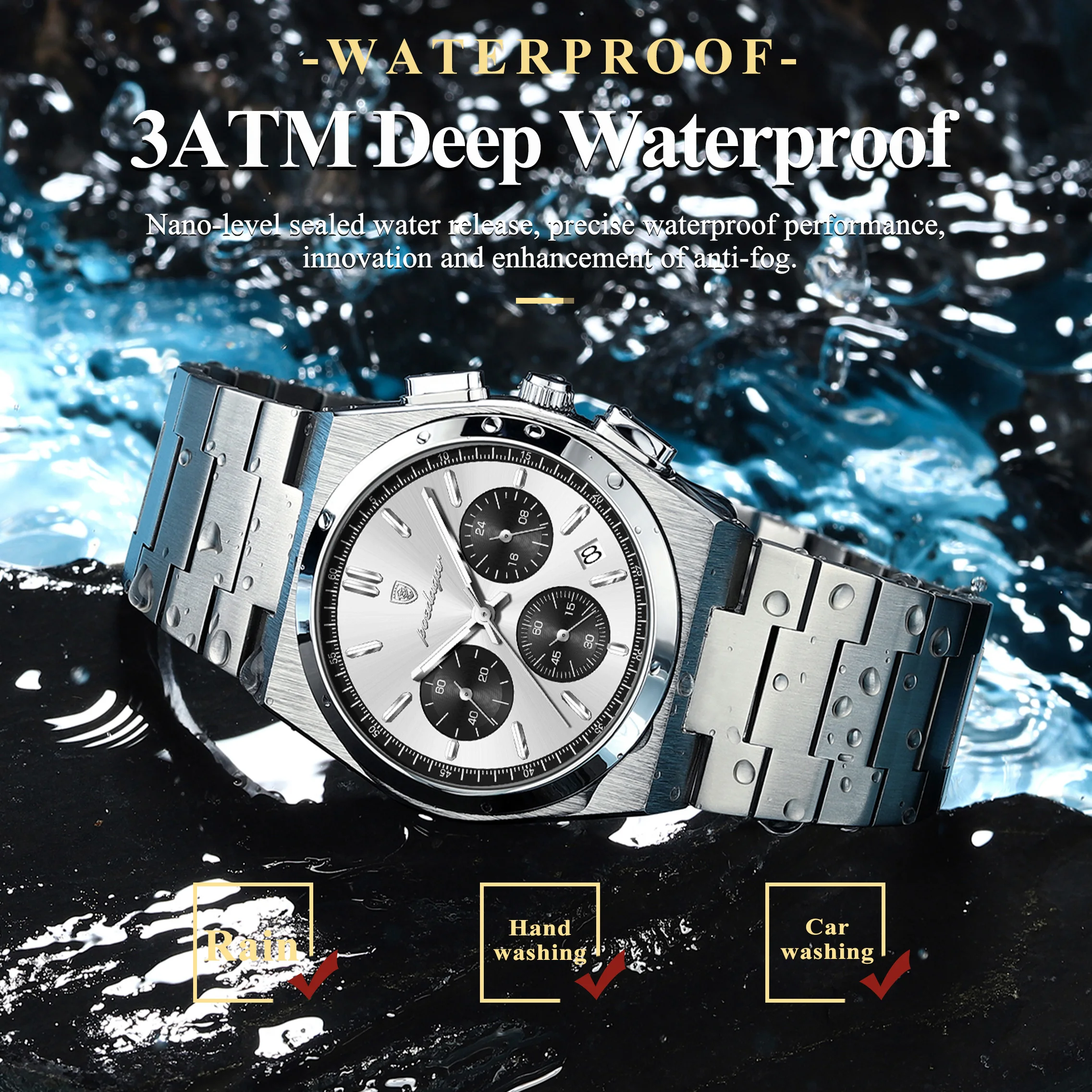 Reloj POEDAGAR para Hombre de Negocios, Cronógrafo, Fecha, Acero Inoxidable, Clásico, Resistente al Agua, Luminoso, de Cuarzo