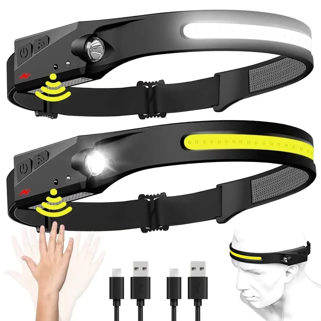 Linterna frontal LED de inducción para búsqueda de acampada, linterna frontal recargable por USB, luz de trabajo con batería integrada, 1/2/3 Uds.
