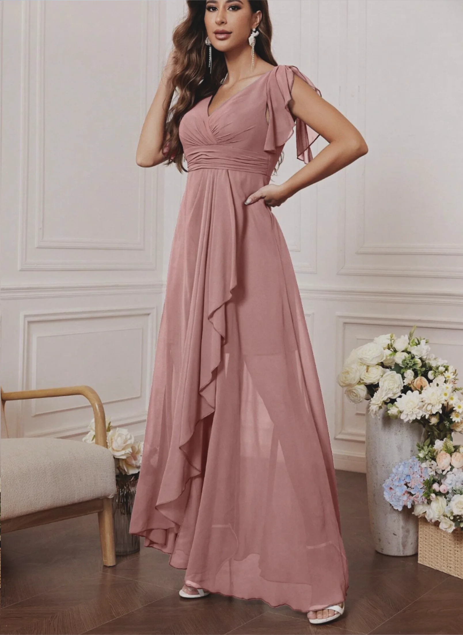 Vestido de gasa con escote en V, mangas con forma de hoja de loto, cintura alta, plisado, falda fluida, vestido para damas de honor, vestido largo de noche de estilo francés.