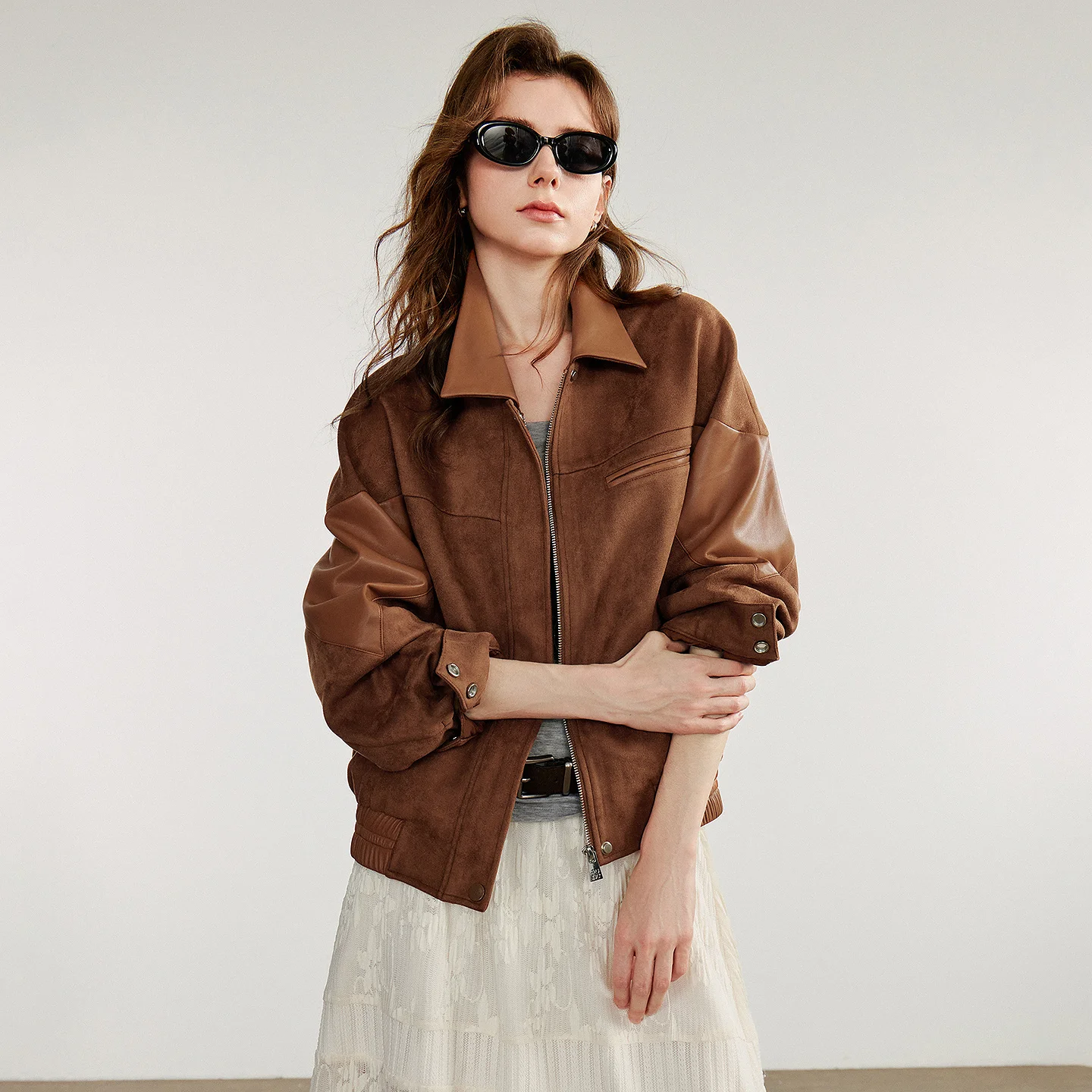TOYOUTH chaqueta de cuero para mujer 2025 otoño nuevo estilo Nomadic Retro gamuza PU cuero empalme chaqueta abrigo