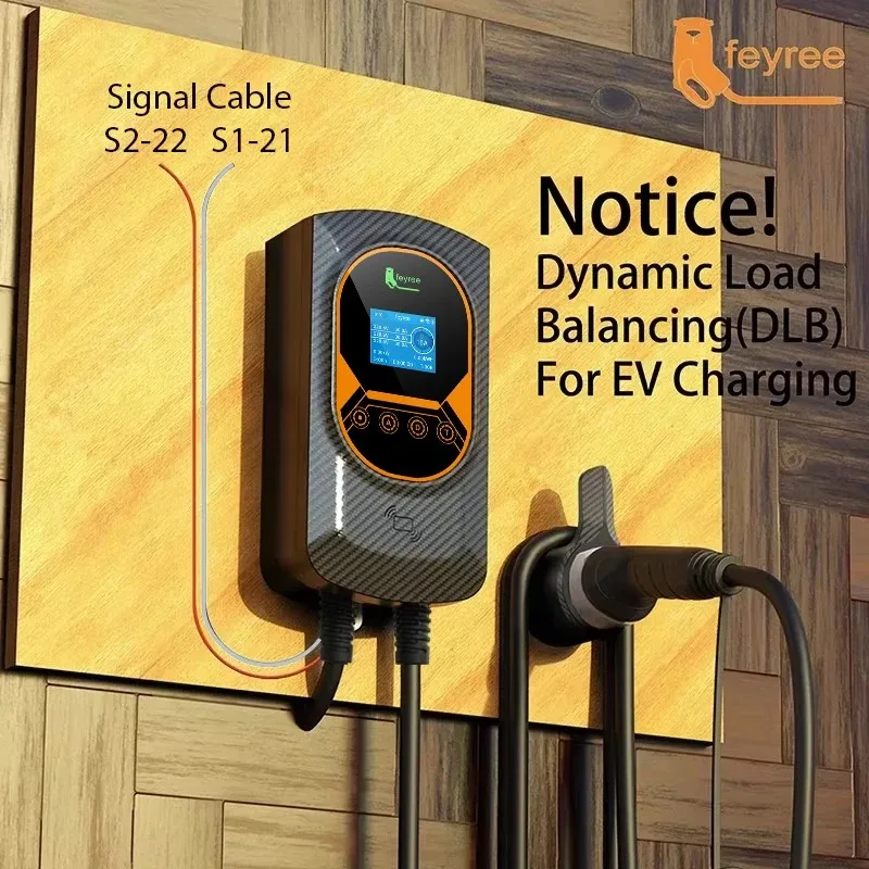 Cargador Feyree para Vehículos Eléctricos Tipo 2, Cable de 32A 7.6kW con Balanceo Dinámico de Carga, Estación de Carga EVSE con Función de Aplicación, 11kW 22kW para Autos Eléctricos