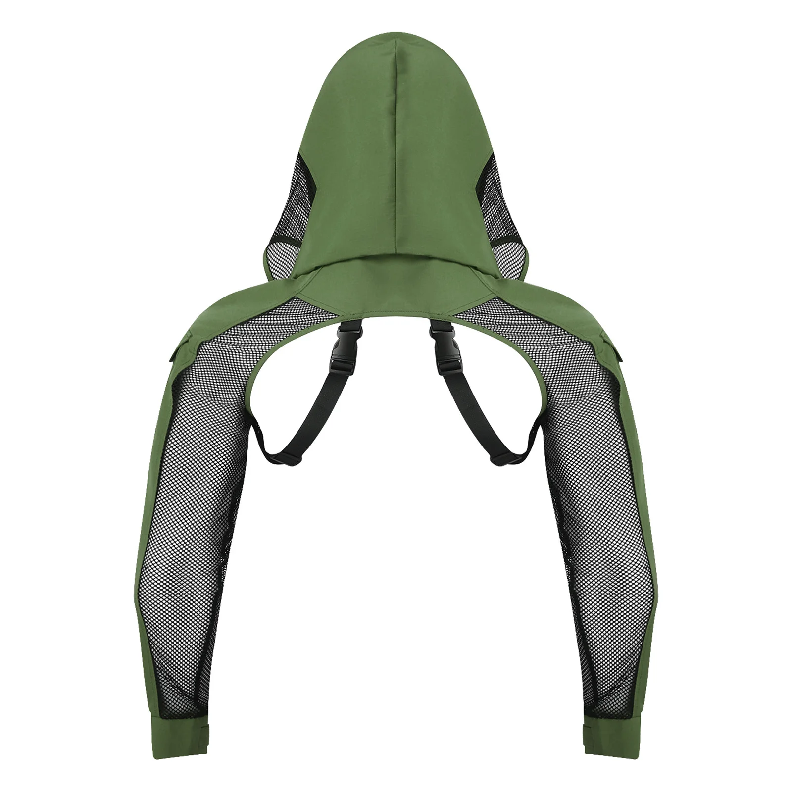 Camiseta corta con capucha para hombre, estilo combate, con malla de rejilla y patchwork, manga larga, con bolsillo, correas ajustables con hebilla y armadura en los hombros, para disfraces.