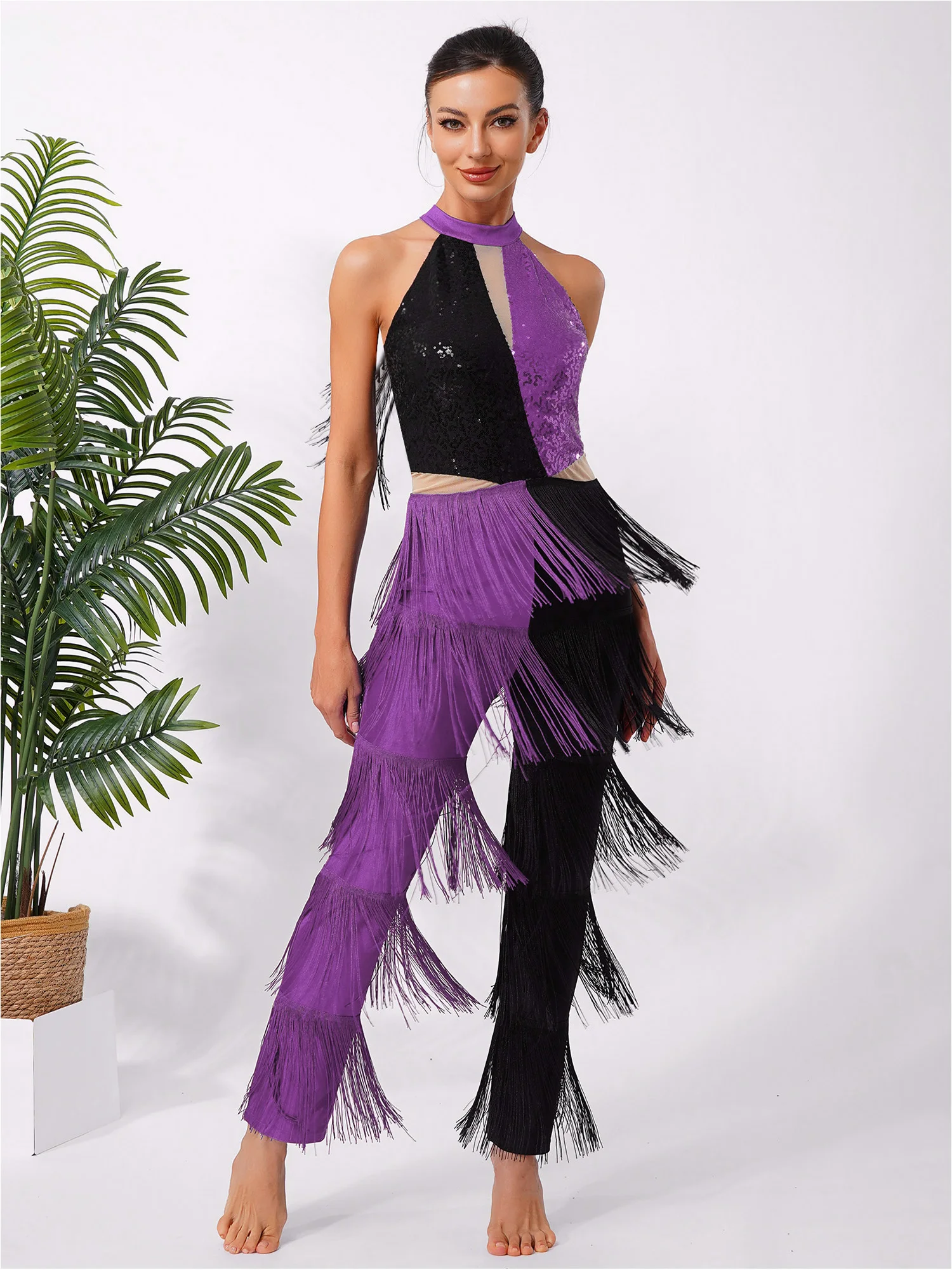 Disfraz Hippie de los años 70 para discoteca para mujer, pantalones con flecos y borlas de lentejuelas brillantes, mono Retro de una pieza para fiesta, ropa para discoteca y graduación, Ropa de baile latino