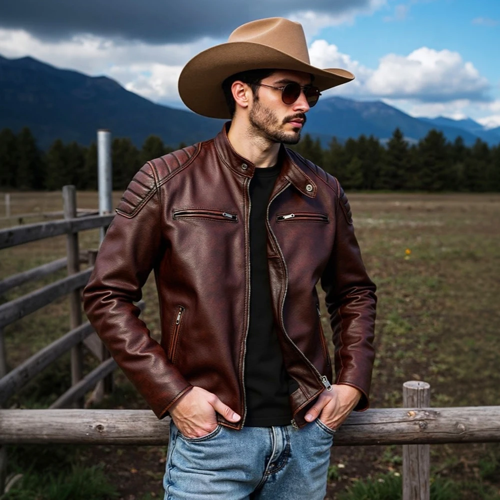 Nueva chaqueta de cuero de vaca de 100%, ropa de capa superior para hombre, ropa de motocicleta con cuello levantado para hombre, ropa de motocicleta de talla grande para Otoño e Invierno