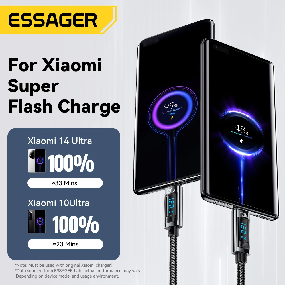 Essager 120W cable de datos de pantalla digital PD Super Flash carga 6A para Xiaomi 14Pro Redmi K70 POCO X6 3Pro IPhone15 LED