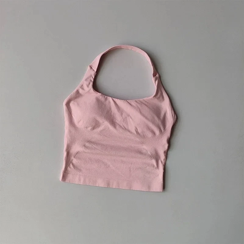 Camisetas sin mangas de Yoga con cuello Halter sin costuras para mujer, sujetador incorporado, Top acolchado para gimnasio, camisa sin mangas, ropa de entrenamiento ajustada con espalda descubierta