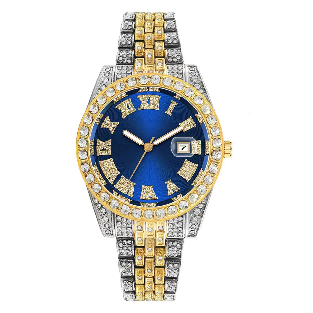 Reloj con calendario de Color dorado de acero inoxidable Hip Hop de lujo para Hombre, Reloj con diamantes de imitación pavimentados helados, Reloj para Hombre