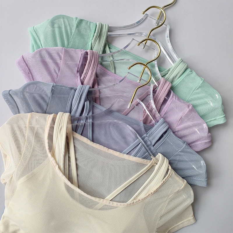 Traje de entrenamiento de Pilates para mujer, traje de Yoga con cojín para el pecho, Top de secado rápido, sensación de alta gama, deportes de manga corta, transpirable