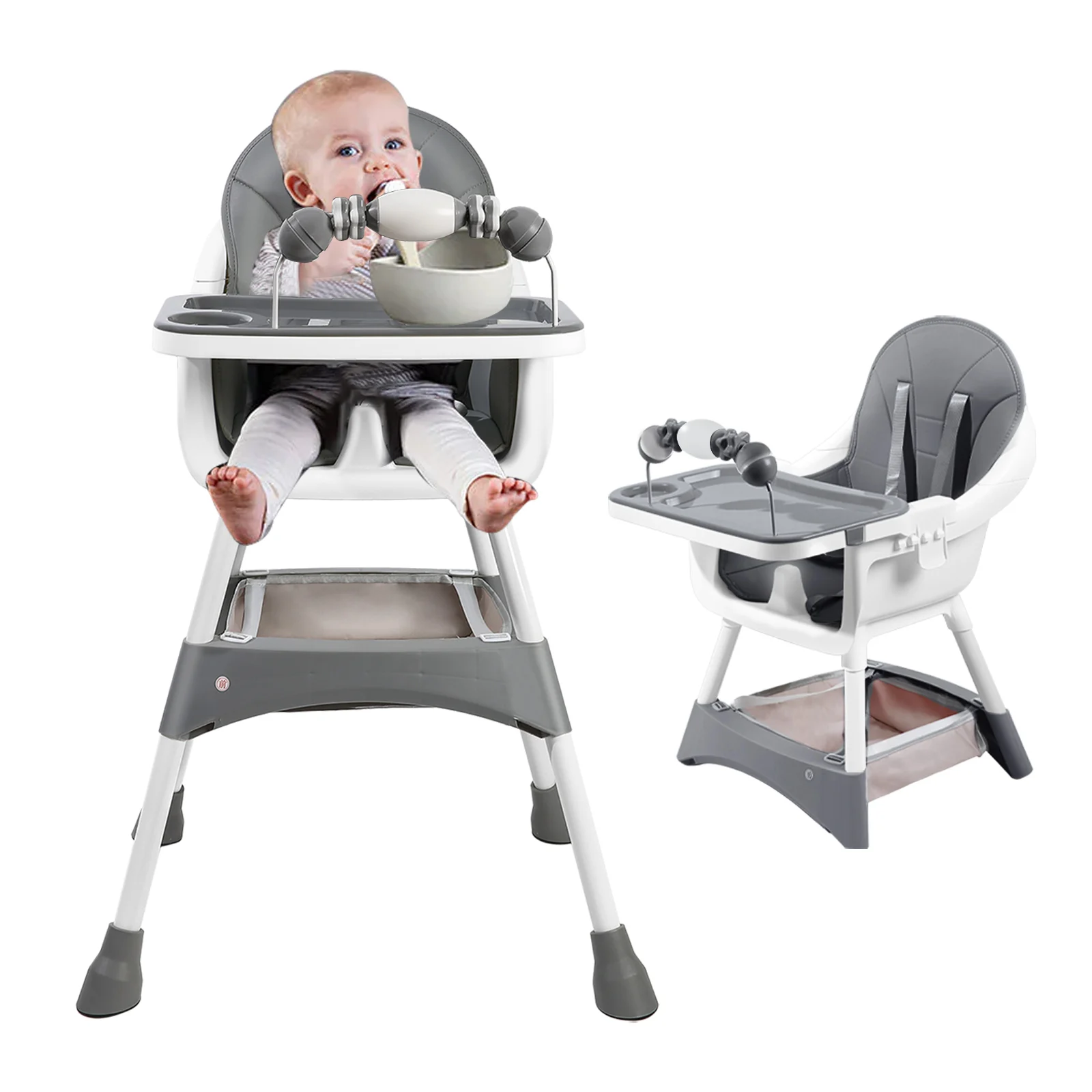 Silla alta para bebé, sillas de comedor portátiles para bebé, silla alta convertible para comer y jugar con plato de cena de doble capa y estante para juguetes