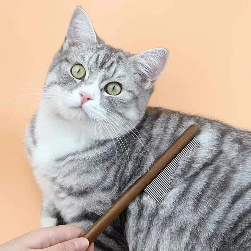 Peine para gatos de acero inoxidable con mango de madera, removedor de pelo de mascotas, cepillo de masaje para perros, herramienta de limpieza, suministros para mascotas
