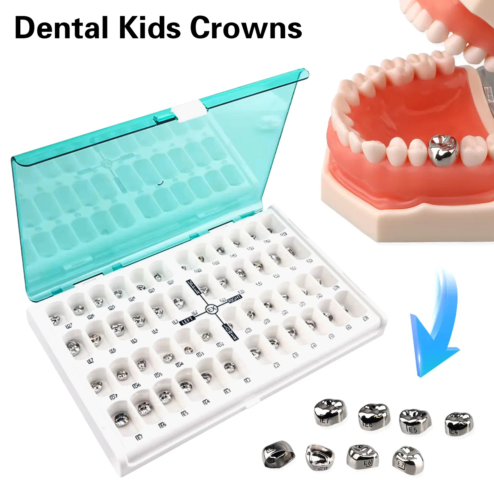 1-5 Juegos de Coronas Dentales Preformadas de Acero Inoxidable para Molares Primarios, Kit de 48 Coronas Temporales para Niños, Suministros para Dentistas Pediátricos