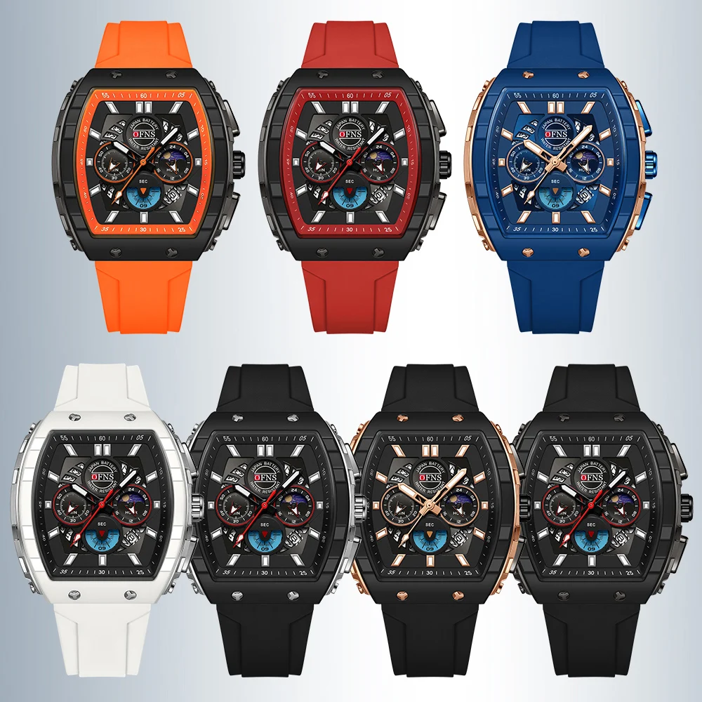 Relojes de cuarzo OFNS a la moda para hombre, cronógrafo luminoso resistente al agua, calendario, correa de silicona, reloj deportivo de lujo para exteriores para hombre