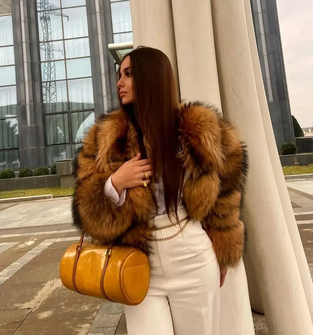 Chaqueta Punk de piel de mapache falsa para mujer, abrigos de piel sintética de zorro para otoño e invierno, chaquetas cortas, prendas de vestir exteriores peludas, abrigos gruesos y cálidos para trabajo