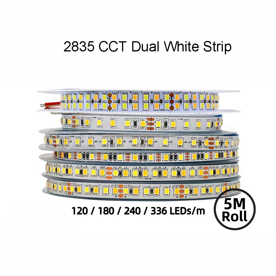 Tira de luces LED de doble Color 2835, CC de 5V, 12V, 24V, 120, 180, 240, 336 LED/M, 5MM, 8MM, 12MM de ancho, PCB, lámpara de barra CCT regulable CRI Flexible, 5M