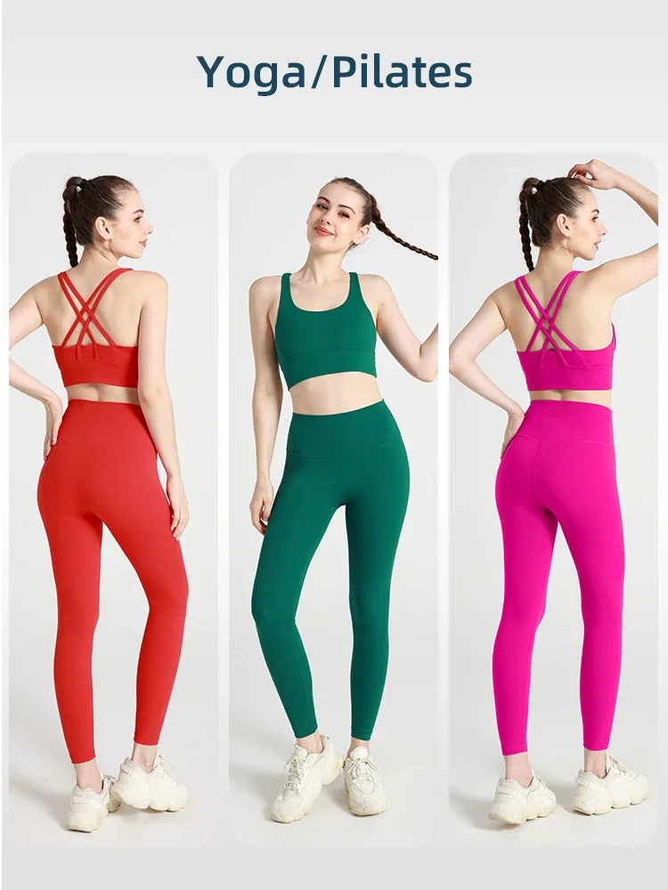 Novedad de verano, ropa de Yoga de 2 piezas, chándal para mujer, Top de Yoga de nailon con espalda cruzada atlética, Sujetador deportivo para mujer, mallas para Pilates y Fitness