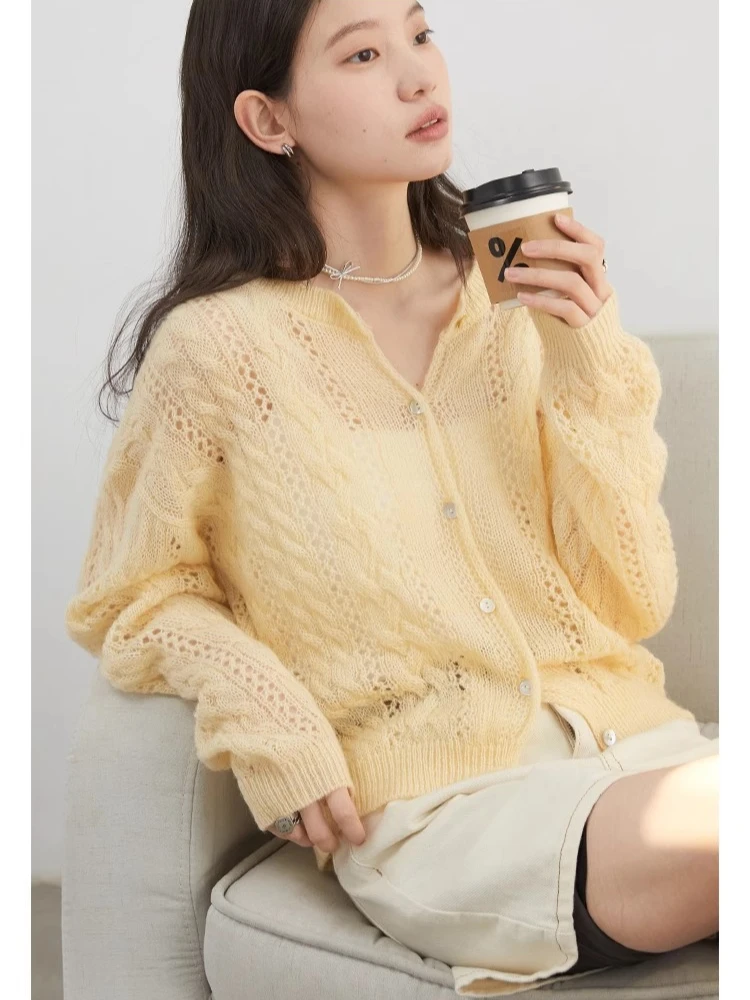 Cárdigan femenino CHIC VEN, suéteres de punto huecos de Mohair informales sueltos, jerséis cortos para mujer, Tops para primavera y verano 2025