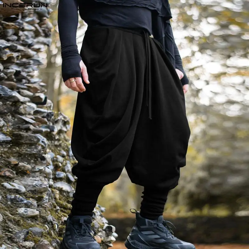 INCERUN, pantalones para hombre, pantalones para correr con cordón de Color sólido, pantalones bombachos informales para hombre, ropa de calle, pantalones sueltos de moda para tiempo libre, pantalones para hombre S-5XL