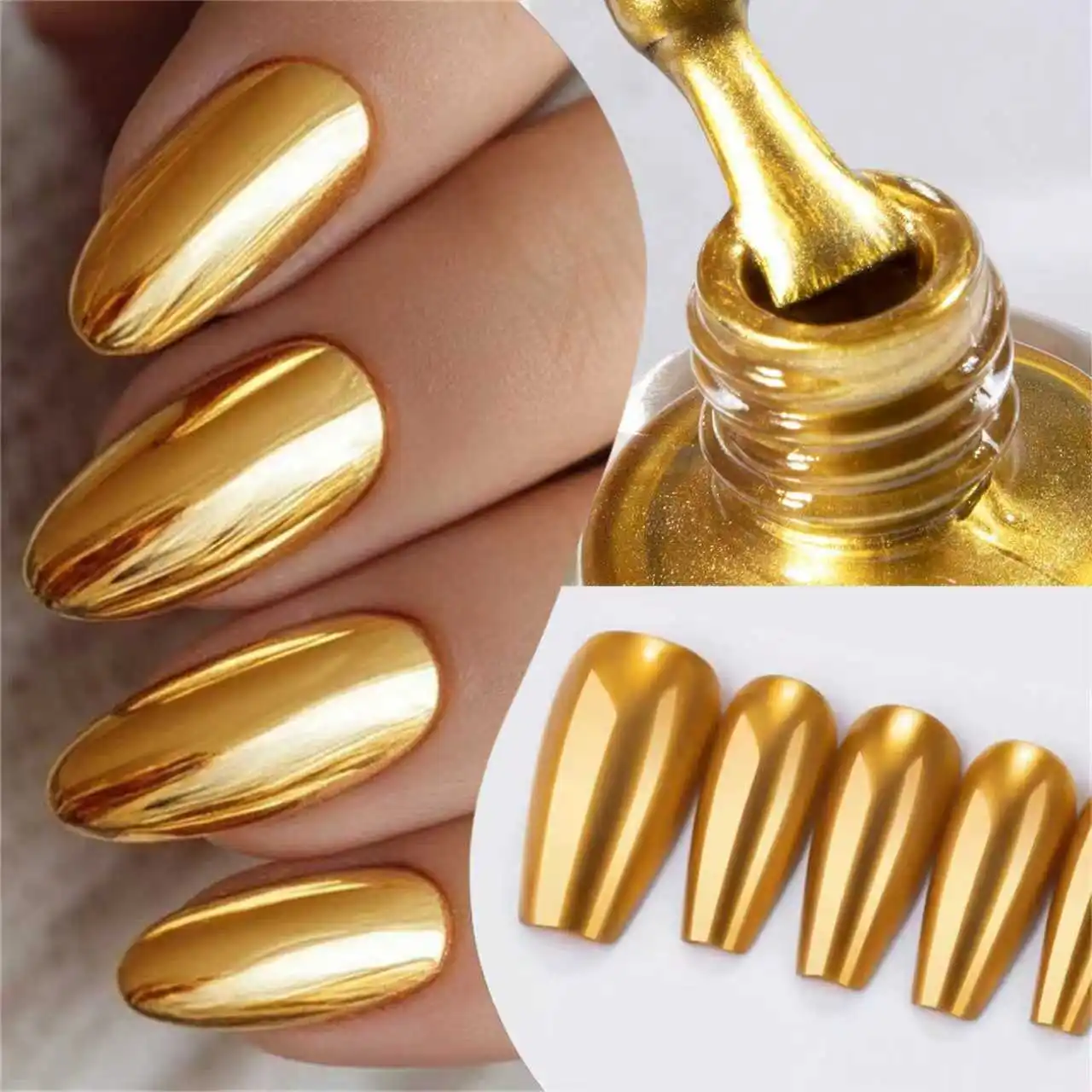 Esmalte de uñas metálico dorado de 10 ml – Secado rápido, no requiere lámpara; proporciona un acabado metálico duradero y natural con efecto espejo.