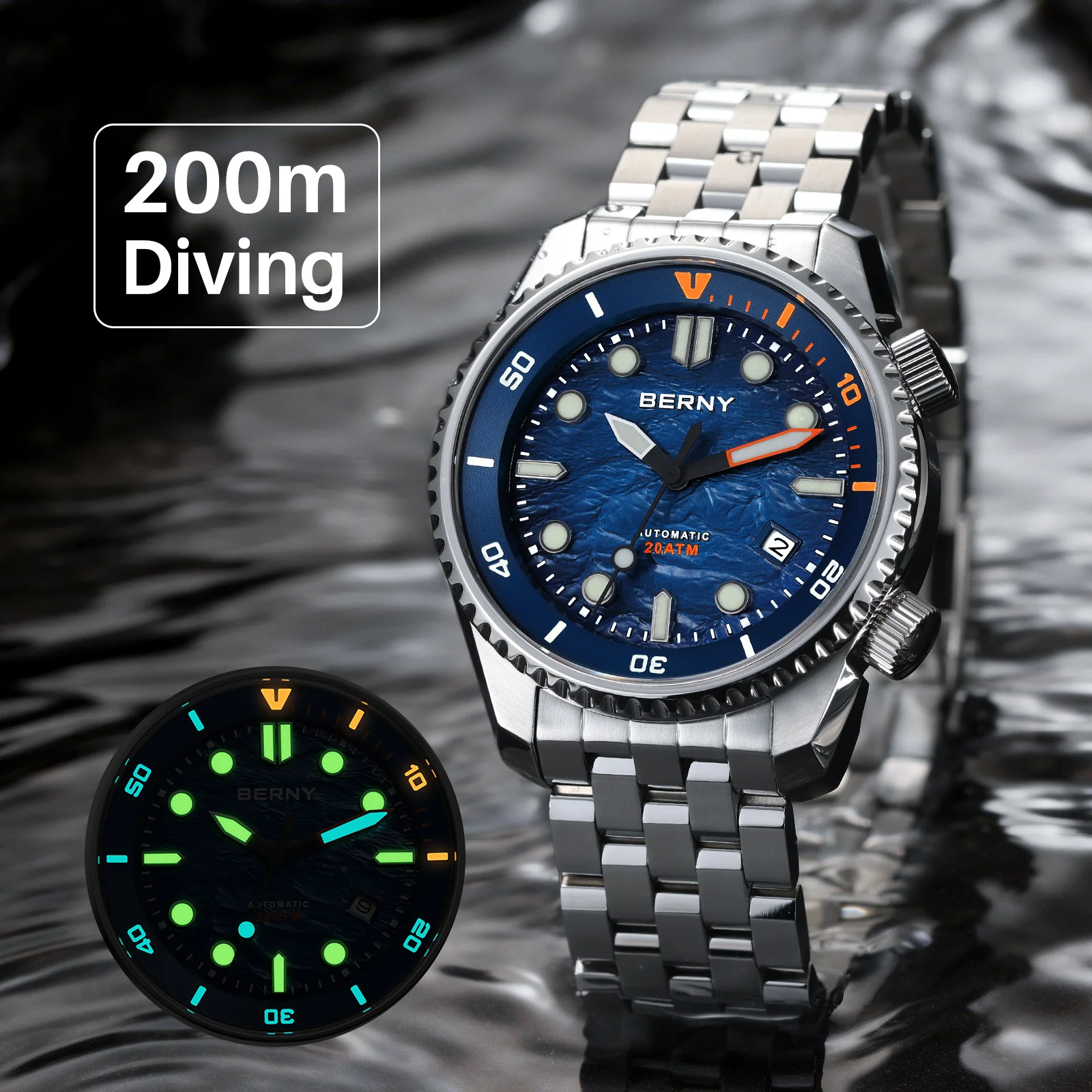 Reloj de buceo automático BERNY para hombre, reloj de lujo con zafiro 316L, esfera New Wave, resistente al agua hasta 200M, relojes mecánicos de buceo para hombre