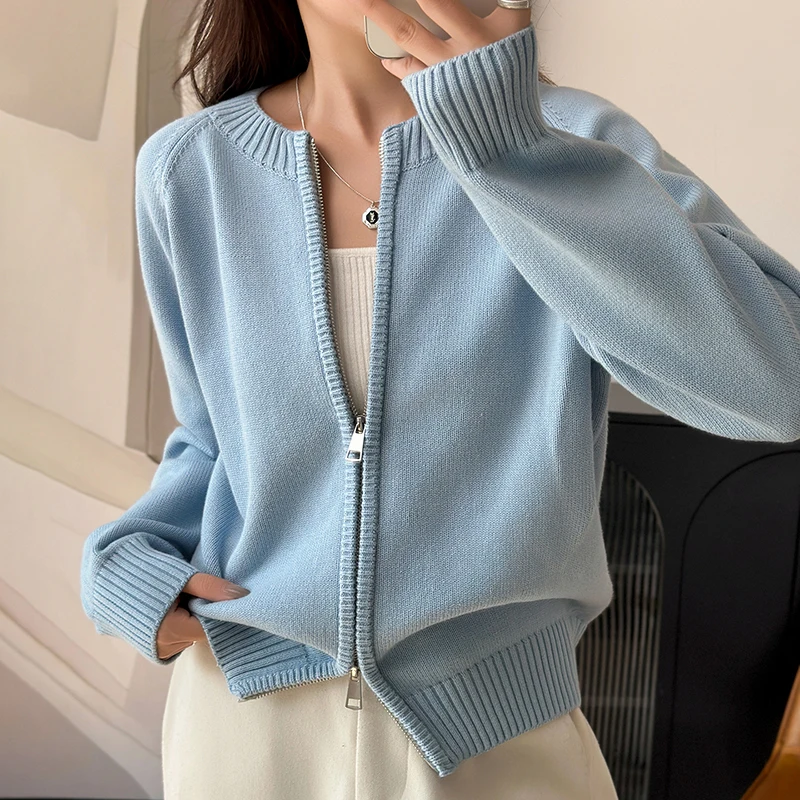 Ropa de Mujer WinvyNee, Cárdigan de Manga Larga, 100% Algodón, Cuello Redondo, Cierre de Cremallera, Suave y Grueso, Tejido de Punto, para Primavera, ZA1002018