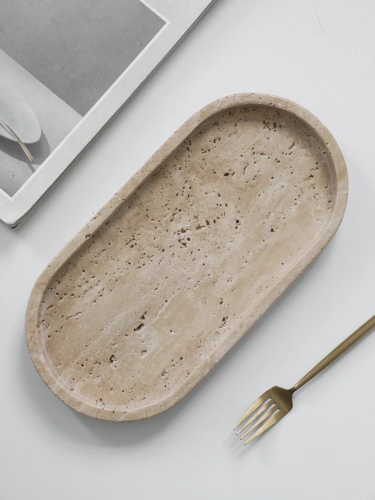 Bandeja de mármol minimalista para velas de Perfume, joyería, bandeja de tocador de piedra de travertino para tocador, encimera, mesa de centro, servicio
