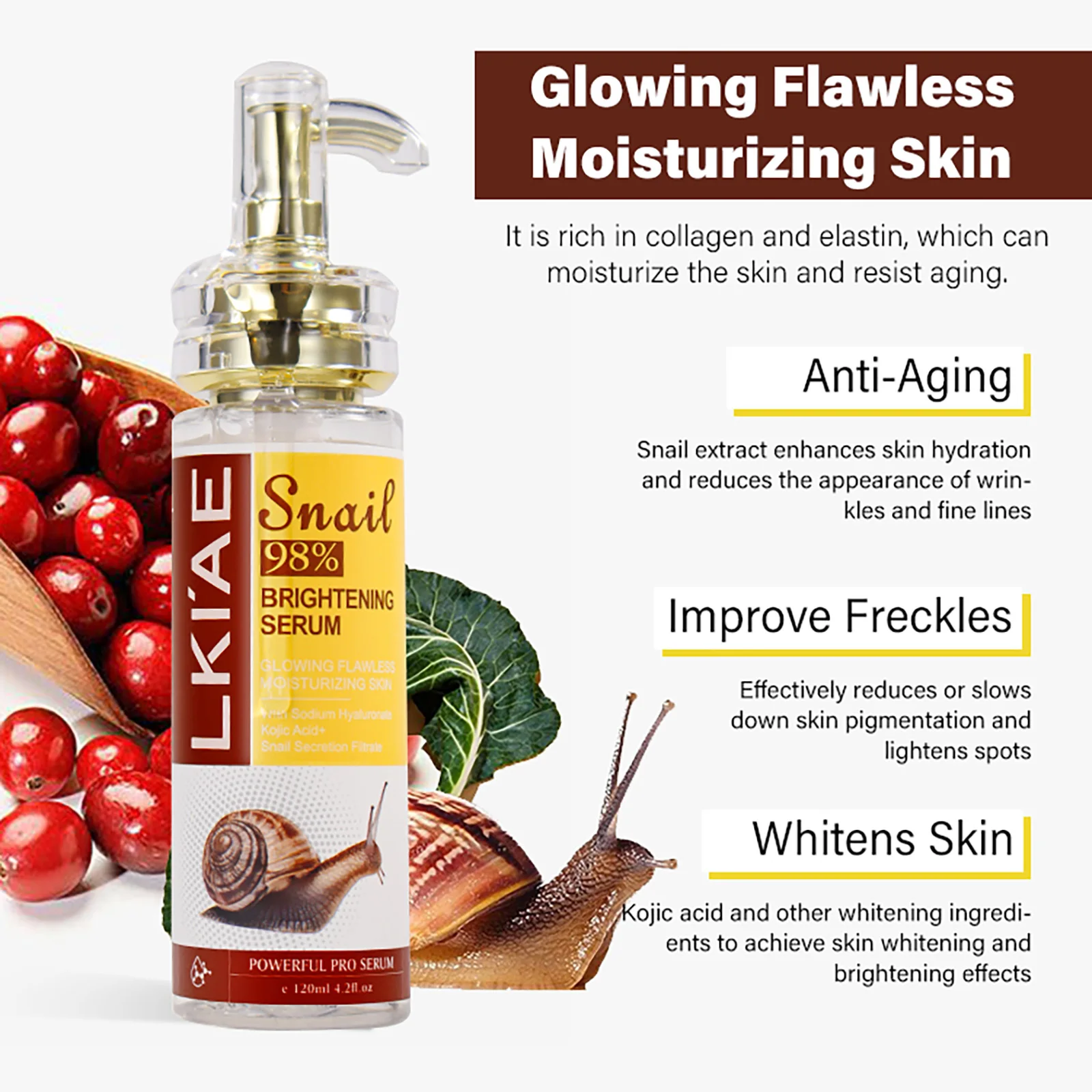 AILKE Suero blanqueador con extracto de caracol, hidratante, Reduce las manchas oscuras, arrugas, uniforme del tono de la piel, esencia aclaradora para rostro, cuerpo