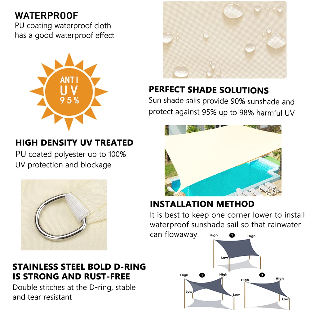 Vela de sombra, refugio de jardín impermeable, toldo de protección solar con bloqueo UV del 95%, dosel para patio, jardín, patio, patio trasero, piscina de camping