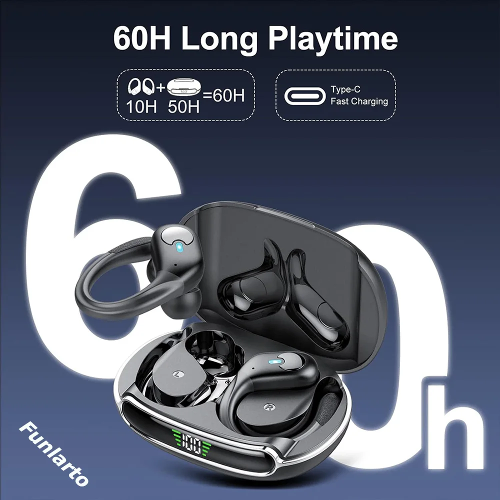 Auriculares deportivos Bluetooth IPX7 auriculares inalámbricos impermeables 60 horas de música con micrófono pantalla LED de potencia gancho para la oreja suave auriculares TWS
