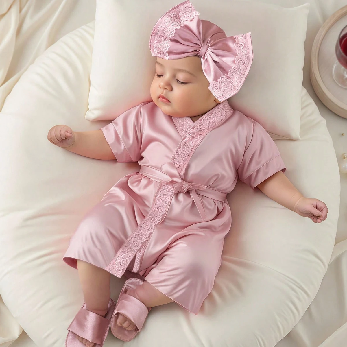 Ylsteed Conjunto de trajes de fotografía para recién nacidos, albornoz de encaje para niña de 1 mes y 100 días con turbante con lazo, sombrero y zapatillas, accesorios para fotos