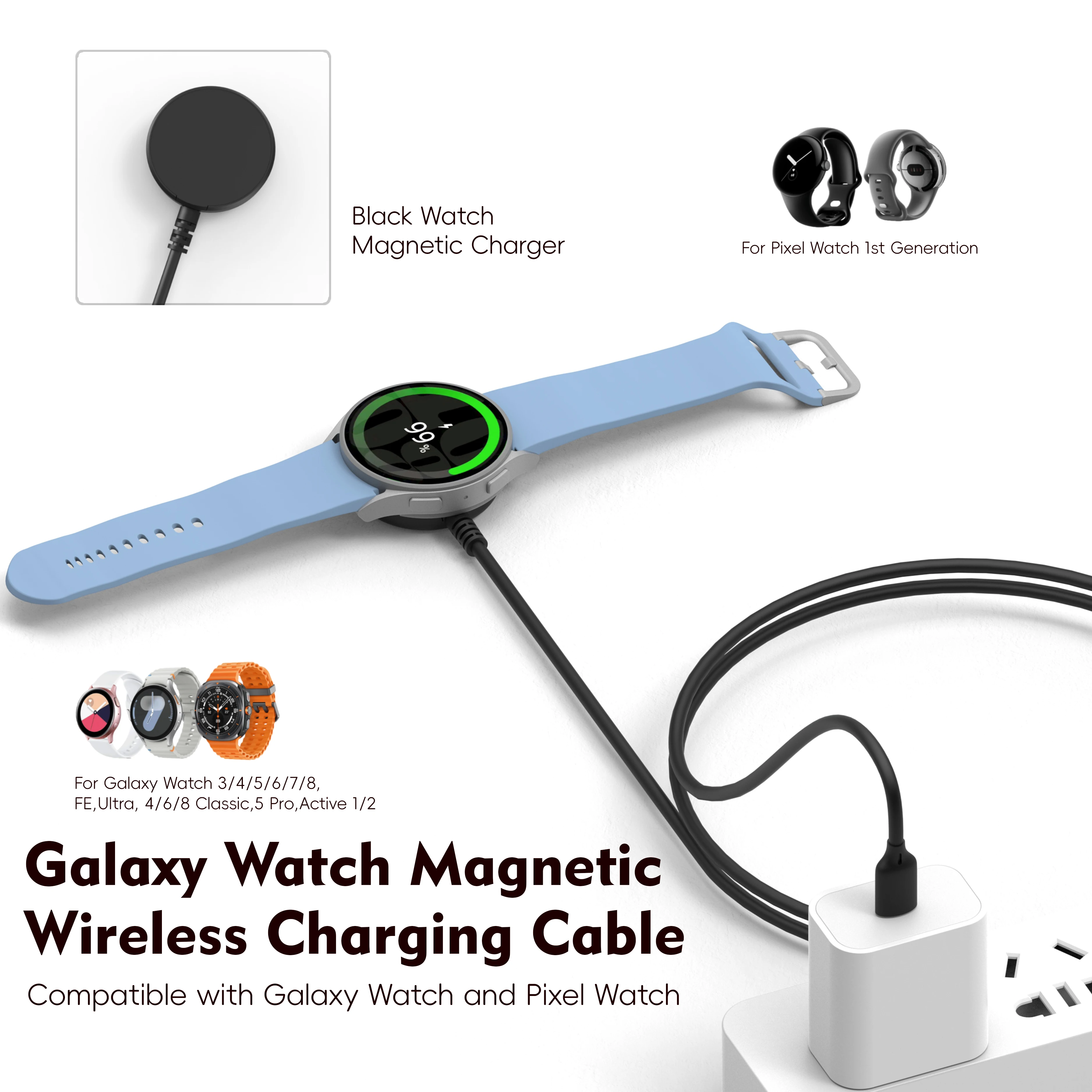 Cargador inalámbrico para Galaxy Watch 3/4/5/6/7/8, FE, Ultra, 4/6/8 Classic.5 Pro, Active 1/2 USB-A USB-C