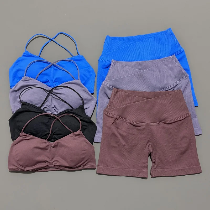 Conjunto de gimnasio de visión de 2 piezas para mujer, Top corto de Yoga, pantalones cortos sin costuras de cintura alta, sujetador de Fitness, traje deportivo, conjunto de entrenamiento