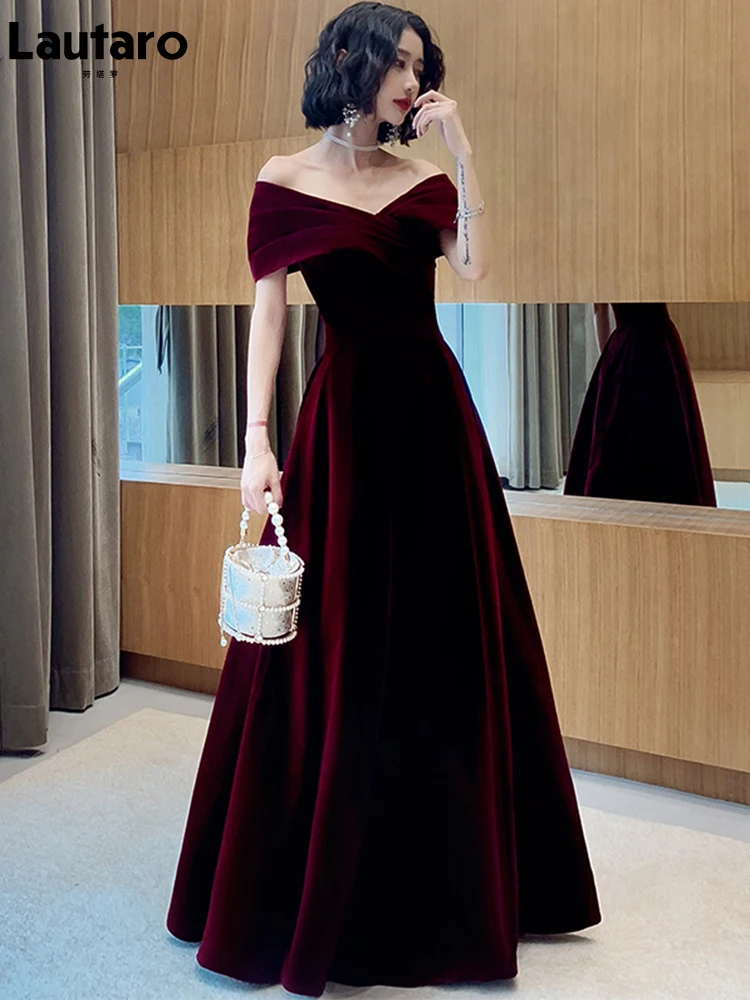 Lautaro primavera largo de lujo elegante vino rojo suave terciopelo fiesta de noche vestidos de boda para mujeres 2022 vestido Maxi con hombros descubiertos