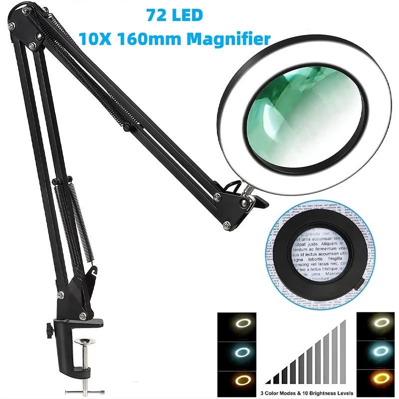 Lupa Iluminada con 72 LED 8X/10X, Nueva, con USB, 3 Colores de Luz LED, para Soldadura, Reparación, Lámpara de Mesa, Cuidado de la Piel y Belleza
