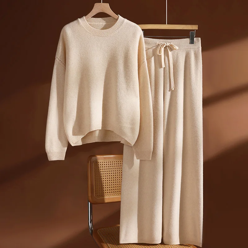 Conjunto de lana de 100% para mujer, jersey con cuello redondo, pantalones de pierna ancha, suéter de Cachemira liso holgado y grueso para otoño e invierno, pantalones de punto, traje