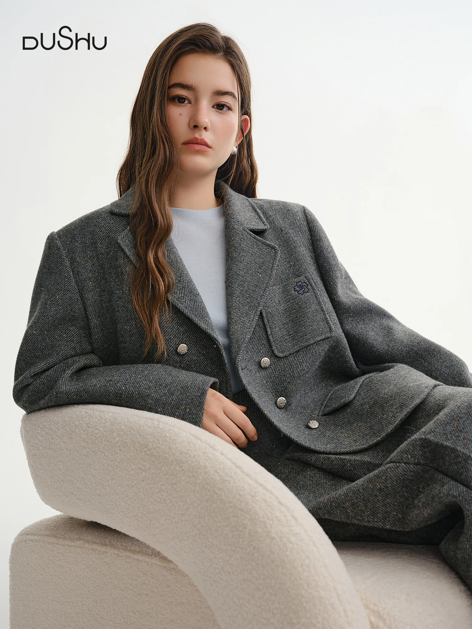 DUSHU-traje de lana de sarga con puntos coloridos para mujer, estilo universitario Retro, Blazers holgados, Falda plisada acampanada, conjuntos de dos piezas para ir al trabajo BF