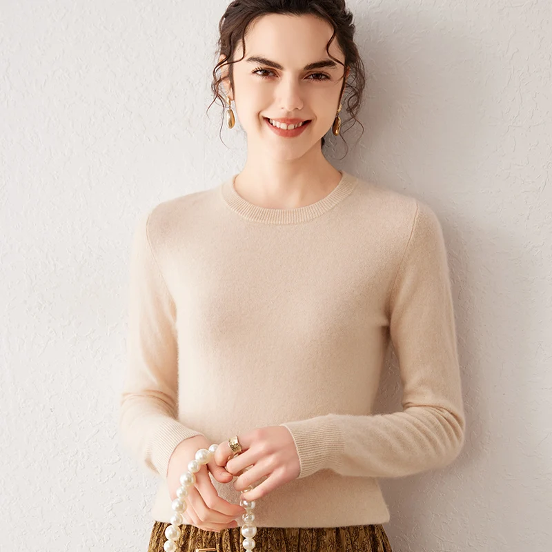 Suéter de Cachemira 100% Pura para Mujer, Otoño-Invierno 2026, Cuello Redondo, Manga Larga, Cálido, Suave, Tejido, Nuevo, Ropa de Mujer
