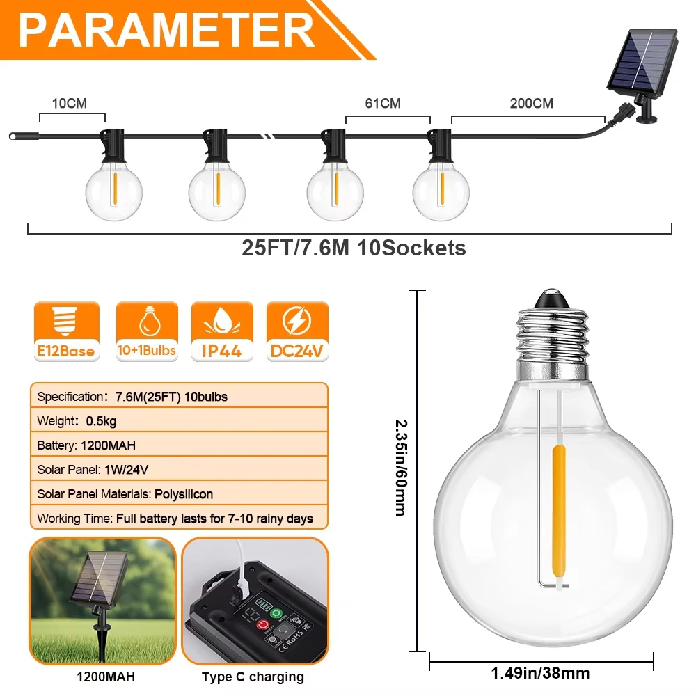 Guirnalda de Luces Solares G40 para Exteriores, Luces LED Solares de 24V, Luces Colgantes Impermeables para Jardín, Patio Trasero, Cafetería