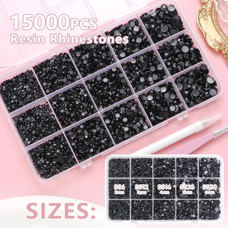 15000 Piezas de Diamantes de Imitación de Resina Multicolor, Gemas para Uñas de 2-6mm con Parte Posterior Plana, Sin Fijación en Caliente, con Lápiz Aplicador de Cera y Pinzas para Manualidades
