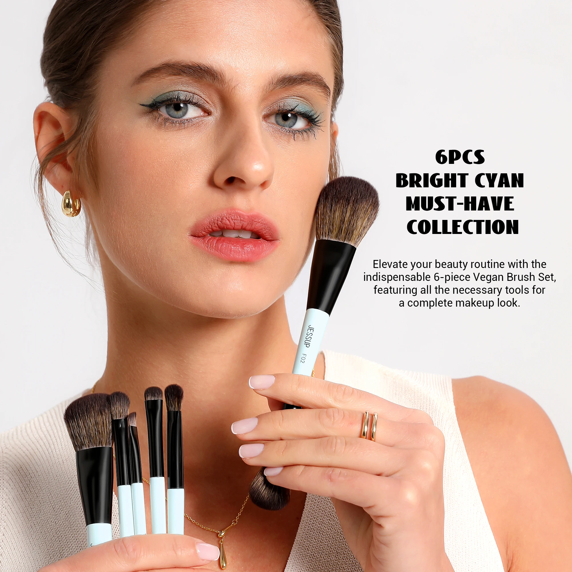 Jessup-Juego de brochas de maquillaje, brochas de maquillaje de doble cara, base, contorno, colorete, mezcla de sombra de cejas, fibra cian brillante T501