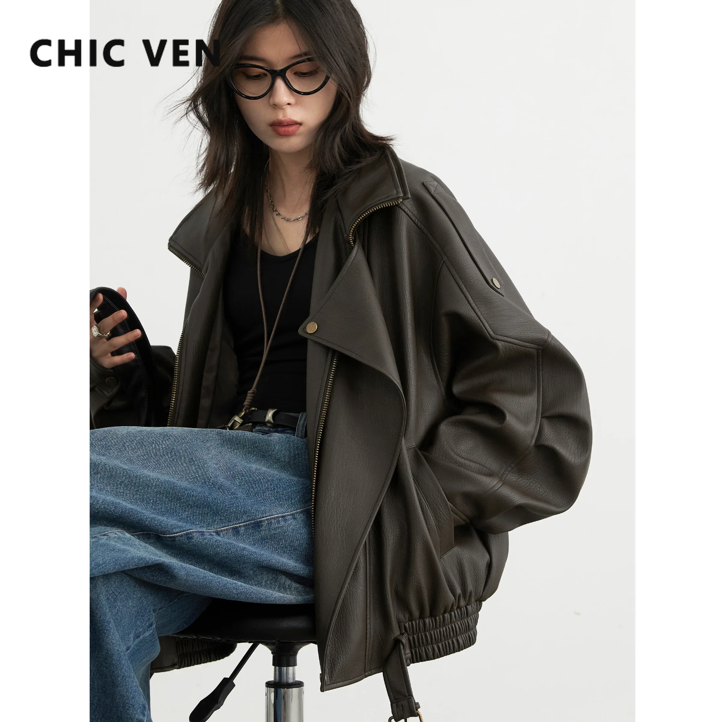 Chaqueta de PU para Mujer CHIC VEN, Estilo Retro, Cuello Alto, Suelta, Nueva, Chaqueta de Cuero Sintético para Motocicleta, Primavera-Otoño 2026