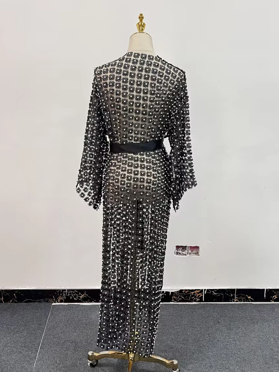 TWOTWINSTYLE, vestidos elegantes de parches lisos con perlas para mujer, cuello redondo, manga larga, lazo empalmado, vestido Midi adelgazante para mujer, nuevo