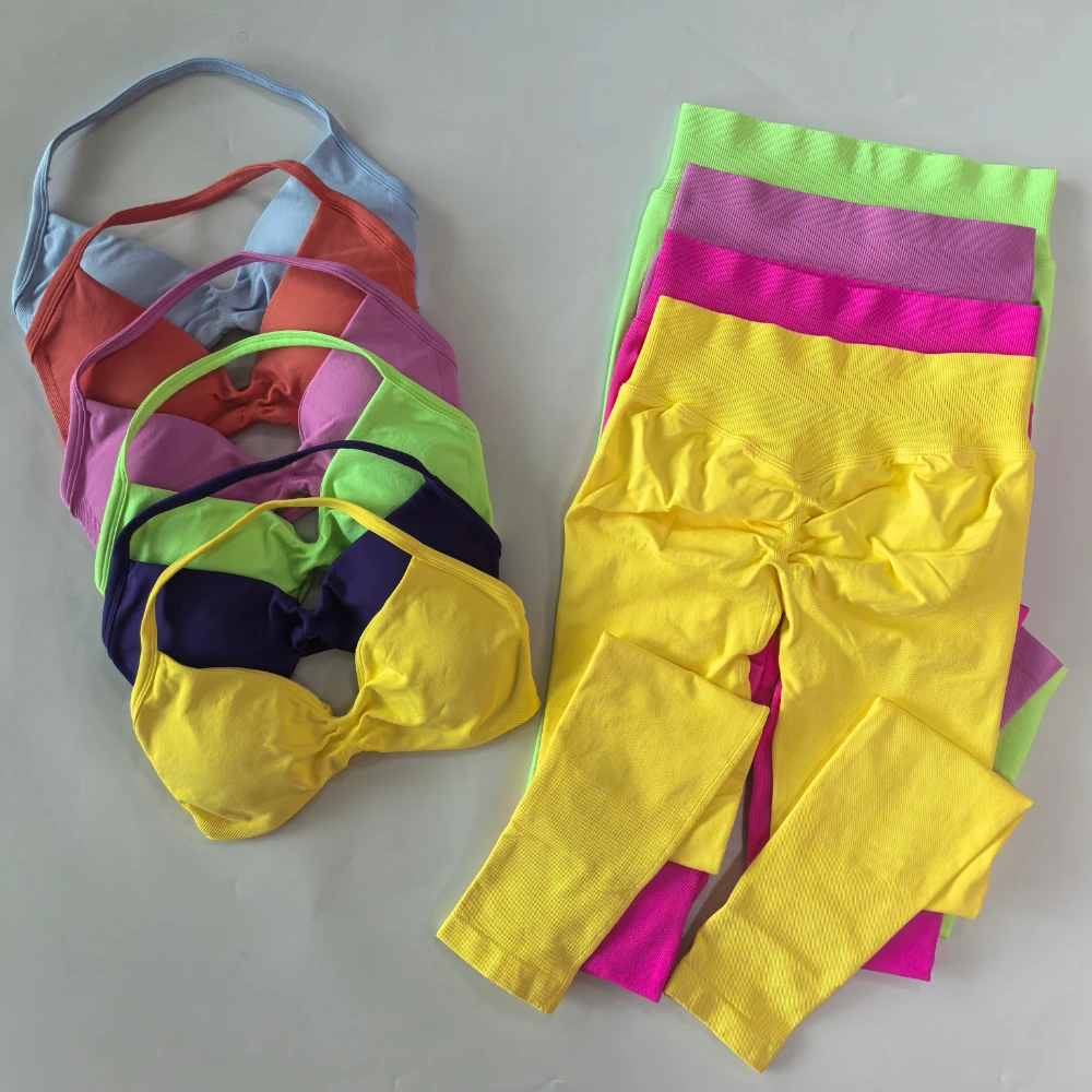 Conjunto de 2 piezas para mujer, sujetador de Yoga con tiras, Top deportivo, mallas de entrenamiento, conjunto de gimnasio sin costuras, ropa deportiva