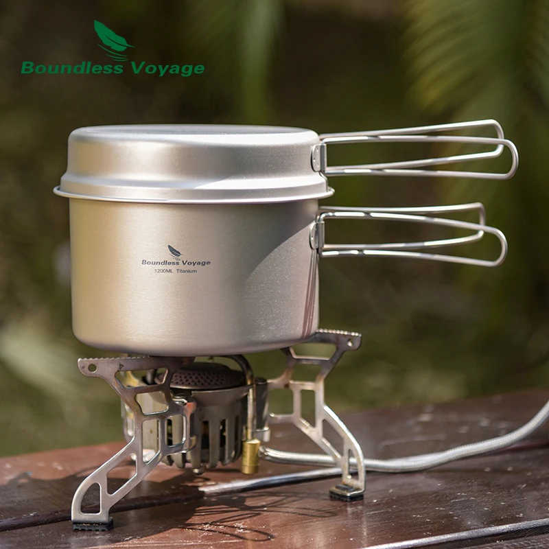 Olla y sartén de titanio Boundless Voyage, olla para mochilero con asas plegables portátiles, Kit de desorden para acampar, juego de utensilios de cocina Ti2110C