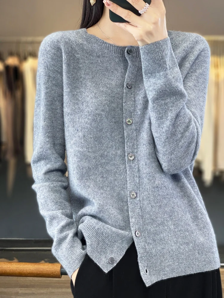 Suéteres de manga larga 100% lana merino para primavera y otoño, tops de punto con cuello redondo para mujer, ropa básica de moda