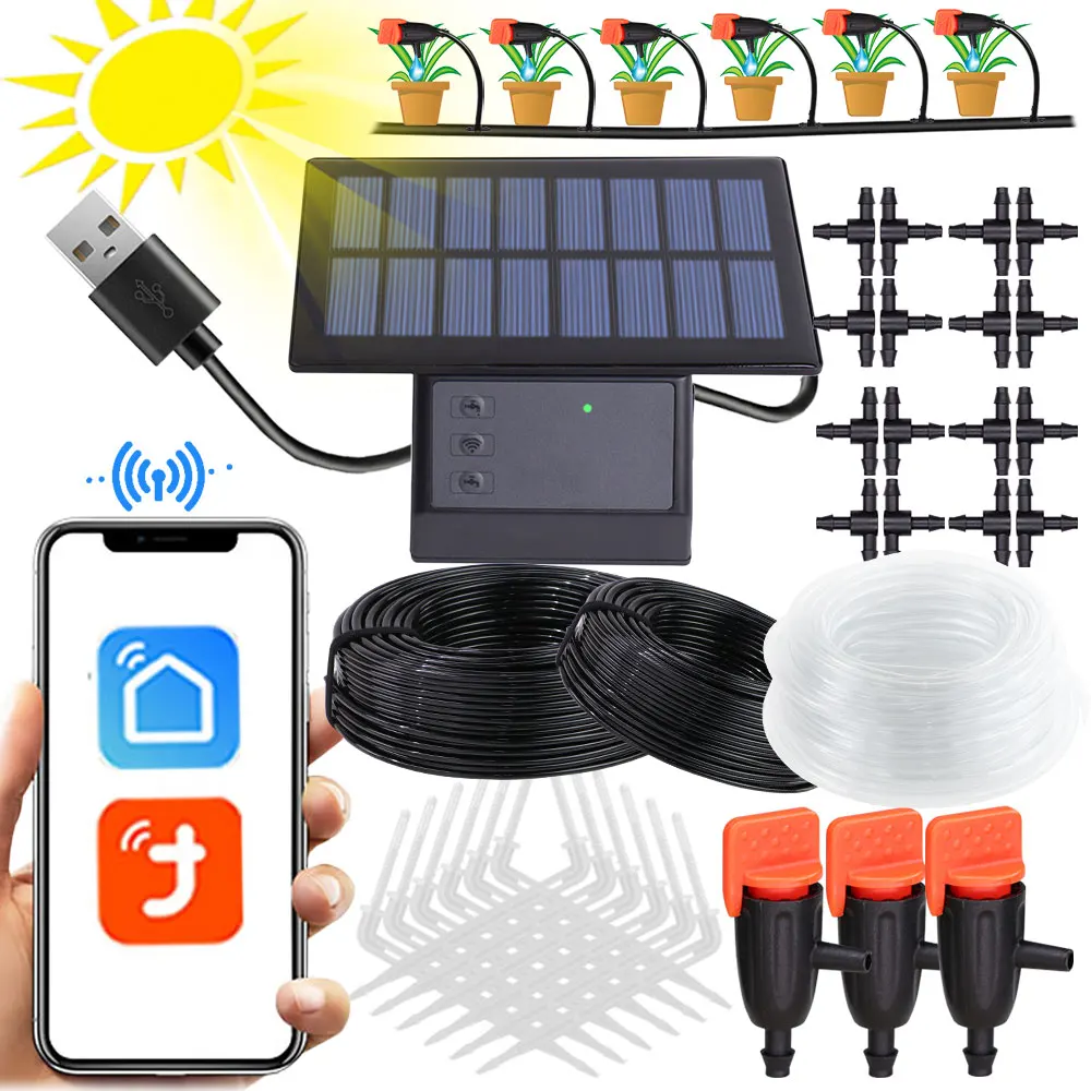 Tuya-Kit de riego por goteo automático, bomba de temporizador de energía Solar, compatible con Wifi, sistema de riego por Control remoto para teléfono móvil y jardín