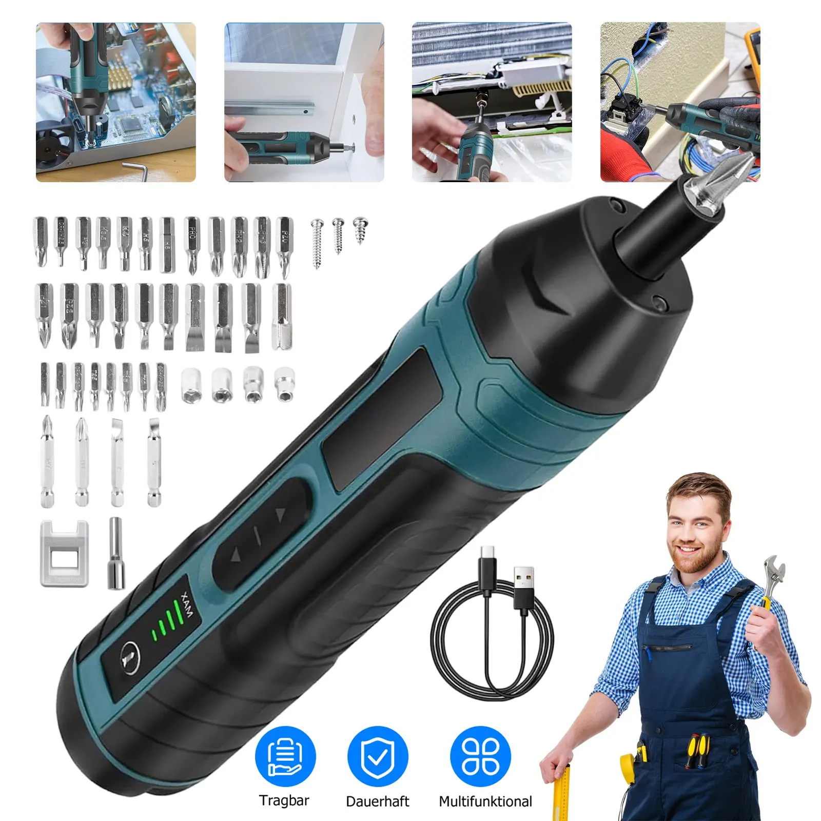 Destornillador eléctrico con ajuste de torque de 4 velocidades, luz LED de trabajo, mango de goma suave, destornillador eléctrico portátil recargable por USB para reparaciones domésticas de bricolaje